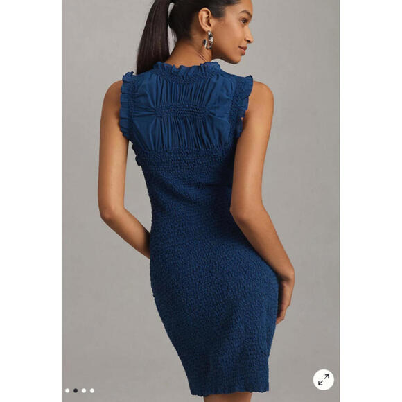 By Anthropologie Textured Mini Dress Bodycon Ruffle Smocked Womens L Blue NWT - Picture 2 of 12